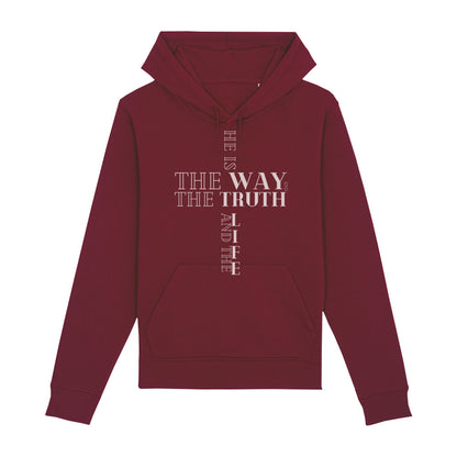 christlicher Hoodie für Frauen und Männer in dunkelrot aus Bio-Baumwolle " he is the way and the truth and the life " aus unserer he... Kollektion