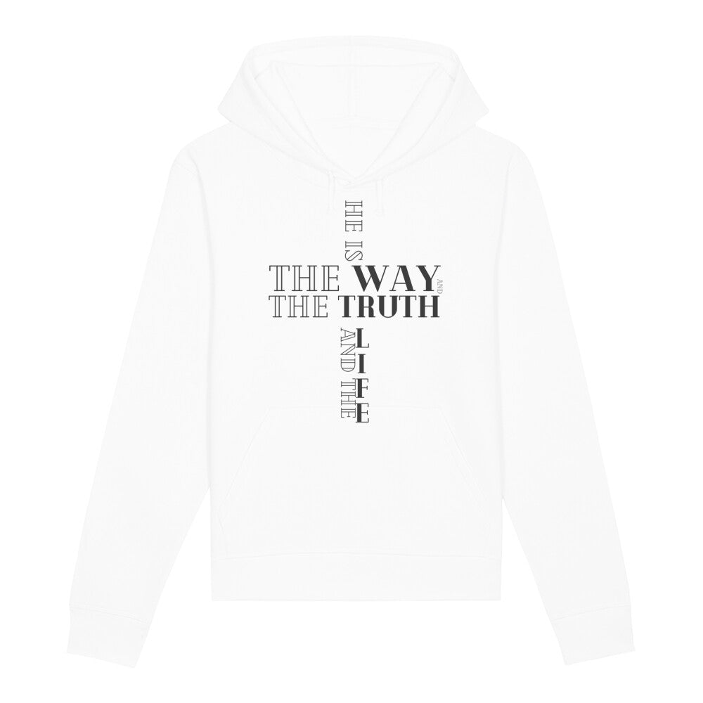 christlicher Hoodie für Frauen und Männer in weiß aus Bio-Baumwolle " he is the way and the truth and the life " aus unserer he... Kollektion