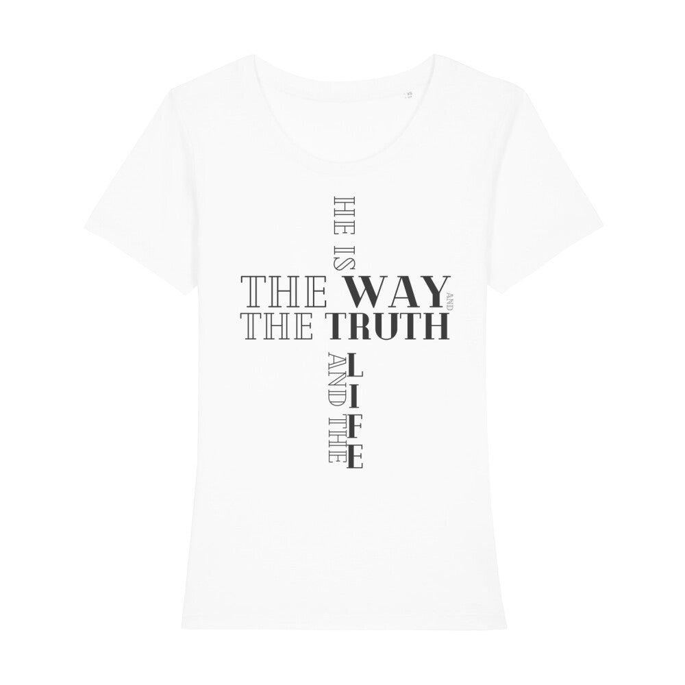 christliches T-Shirt für Frauen in weiß aus 100 % Bio-Baumwolle "he is the way and the truth and the life" aus unserer he... Kollektion