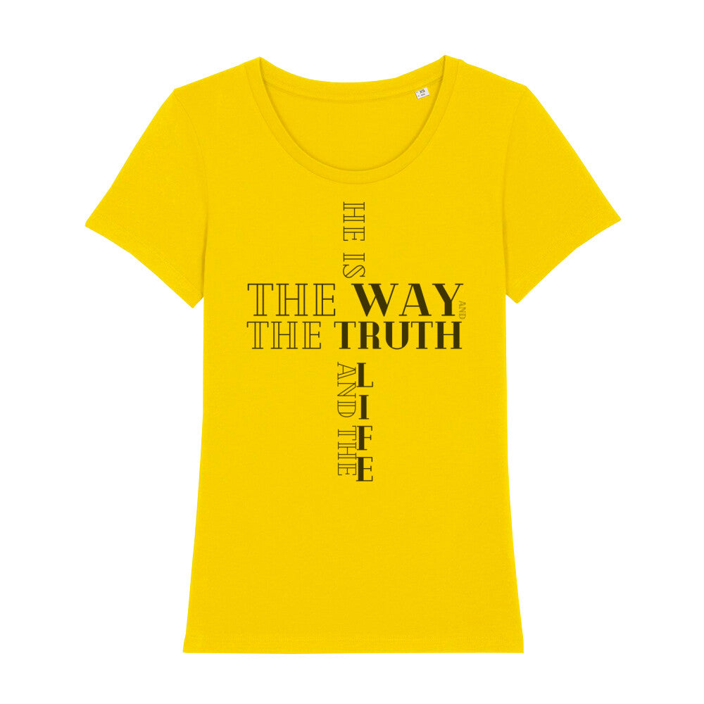 christliches T-Shirt für Frauen in gelb aus 100 % Bio-Baumwolle "he is the way and the truth and the life" aus unserer he... Kollektion