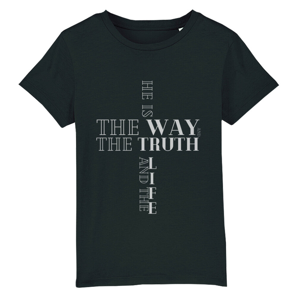 christliches T-Shirt für Kids in schwarz aus 100 % Bio-Baumwolle " he is the way and the truth and the life " aus unserer he... Kollektion