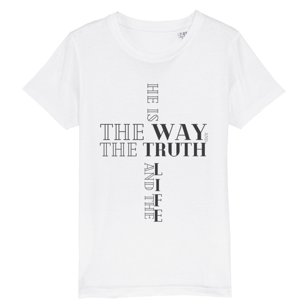 christliches T-Shirt für Kids in weiß aus 100 % Bio-Baumwolle " he is the way and the truth and the life " aus unserer he... Kollektion