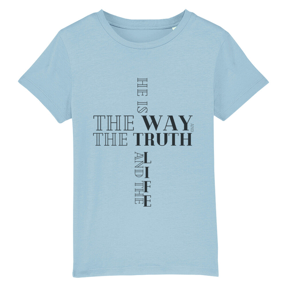 christliches T-Shirt für Kids in hellblau aus 100 % Bio-Baumwolle " he is the way and the truth and the life " aus unserer he... Kollektion