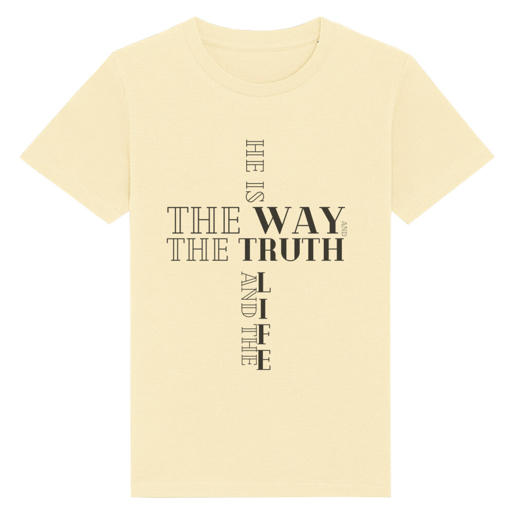 christliches T-Shirt für Kids in hellgelb aus 100 % Bio-Baumwolle " he is the way and the truth and the life " aus unserer he... Kollektion