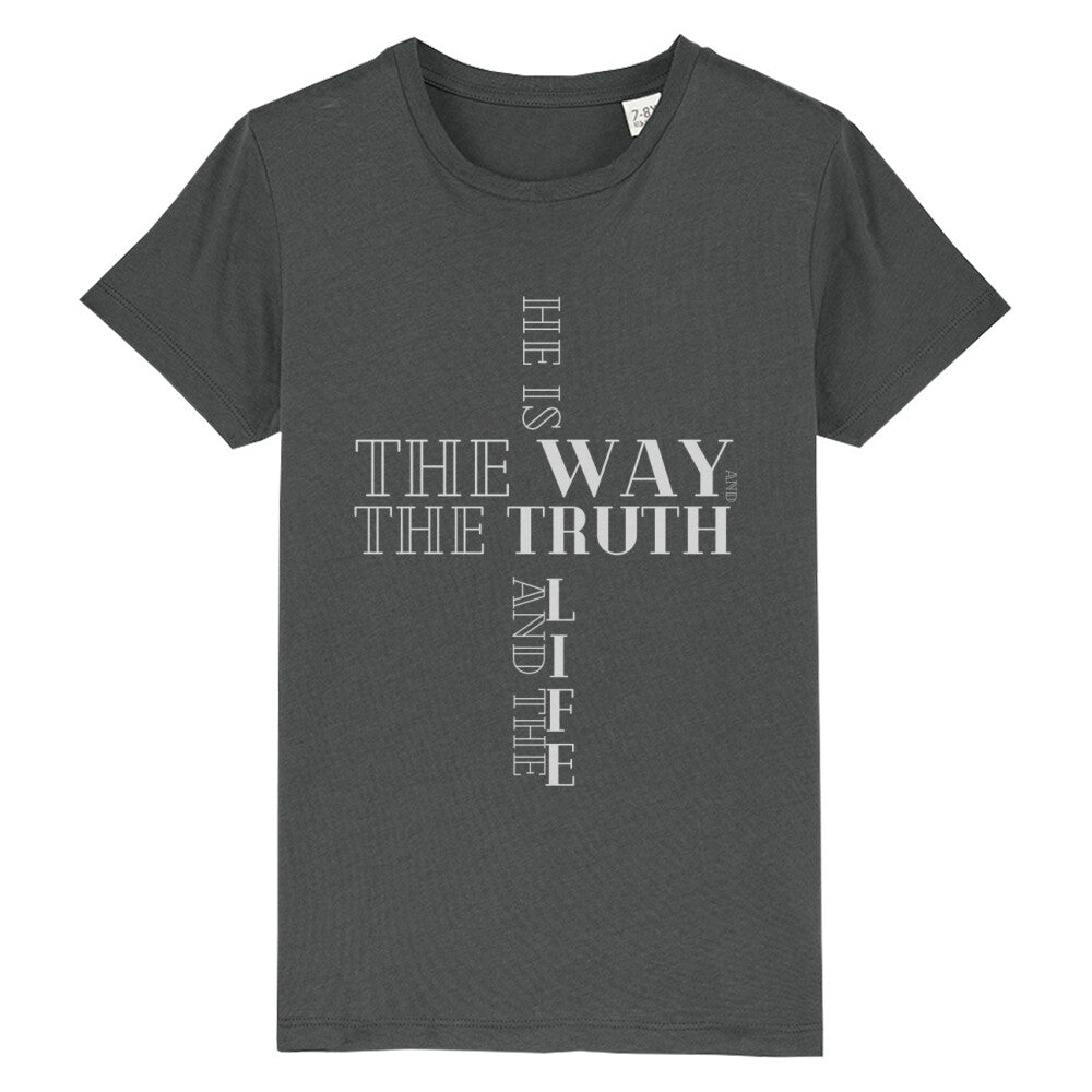 christliches T-Shirt für Kids in anthrazit aus 100 % Bio-Baumwolle " he is the way and the truth and the life " aus unserer he... Kollektion