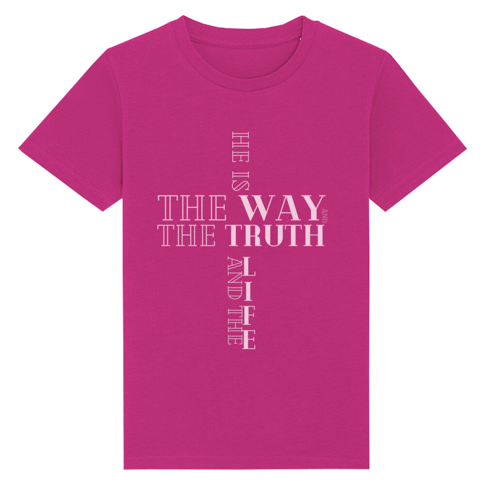 christliches T-Shirt für Kids in lila aus 100 % Bio-Baumwolle " he is the way and the truth and the life " aus unserer he... Kollektion