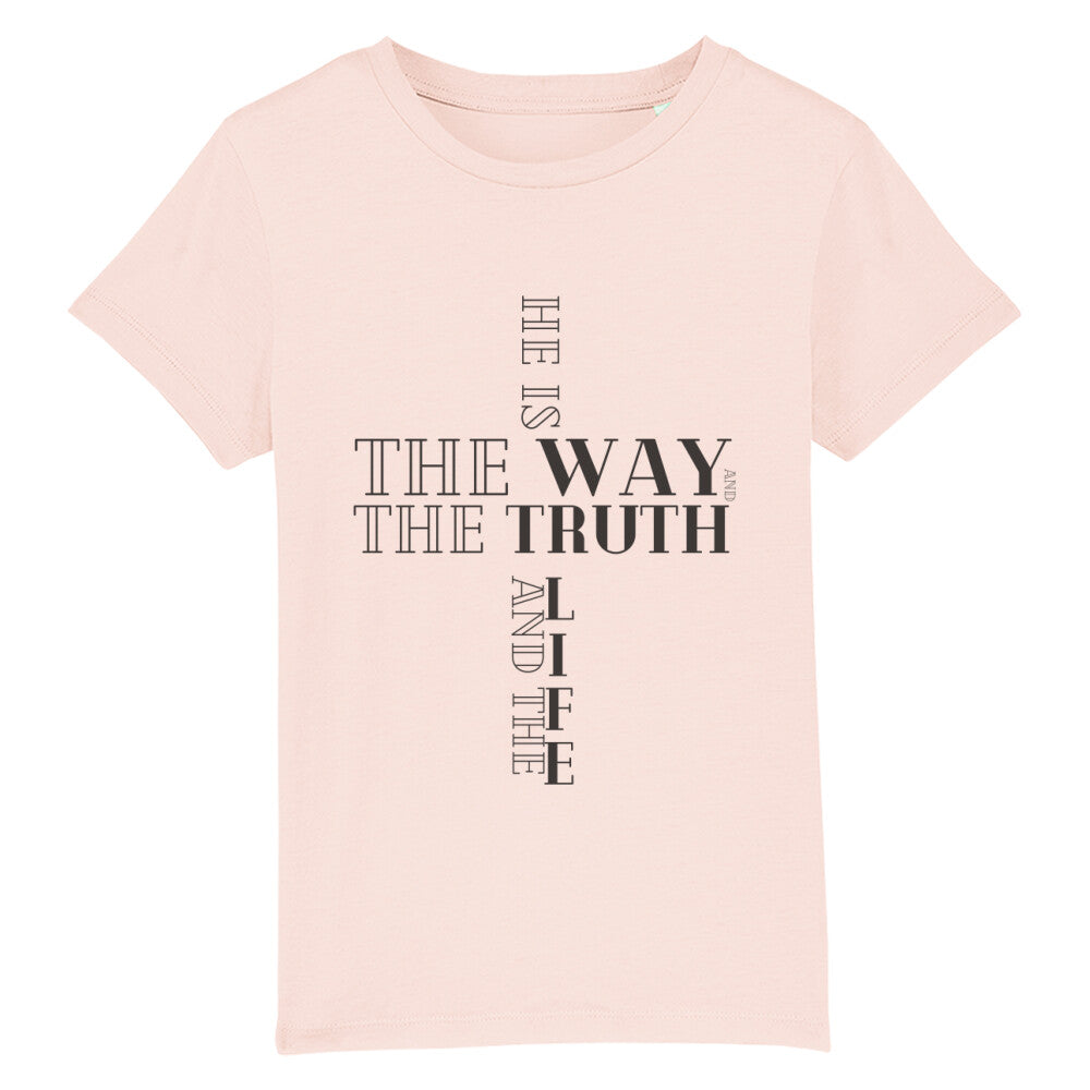 christliches T-Shirt für Kids in rosa aus 100 % Bio-Baumwolle " he is the way and the truth and the life " aus unserer he... Kollektion