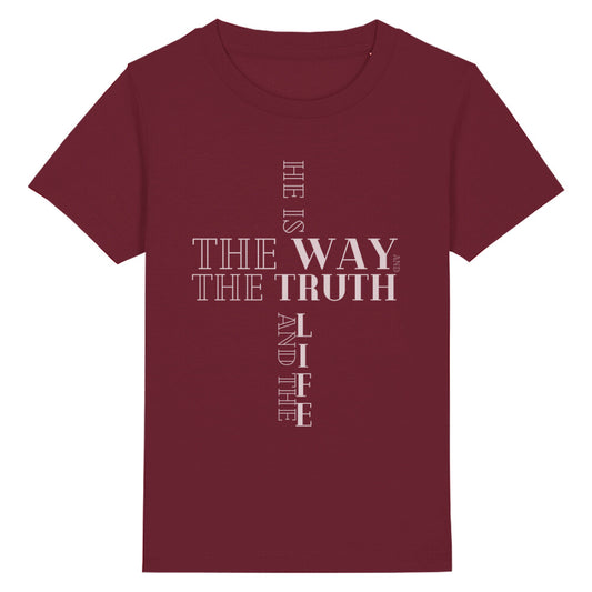 christliches T-Shirt für Kids in weinrot aus 100 % Bio-Baumwolle " he is the way and the truth and the life " aus unserer he... Kollektion