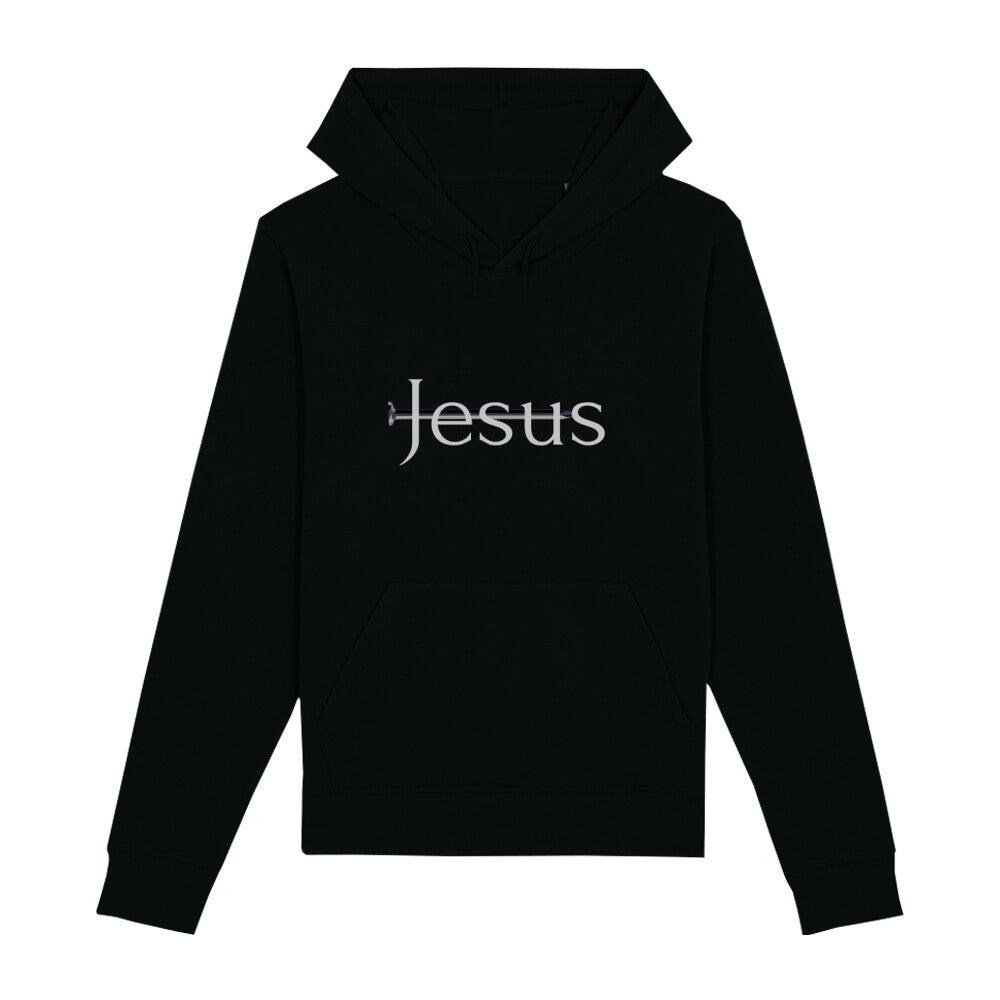 christlicher Hoodie für Frauen und Männer in schwarz aus Bio-Baumwolle " Jesus " mit durchbohrendem Nagel