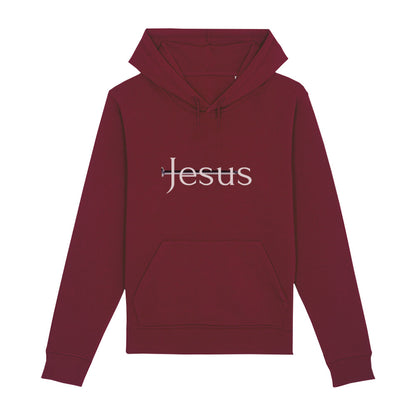 christlicher Hoodie für Frauen und Männer in dunkelrot aus Bio-Baumwolle " Jesus " mit durchbohrendem Nagel