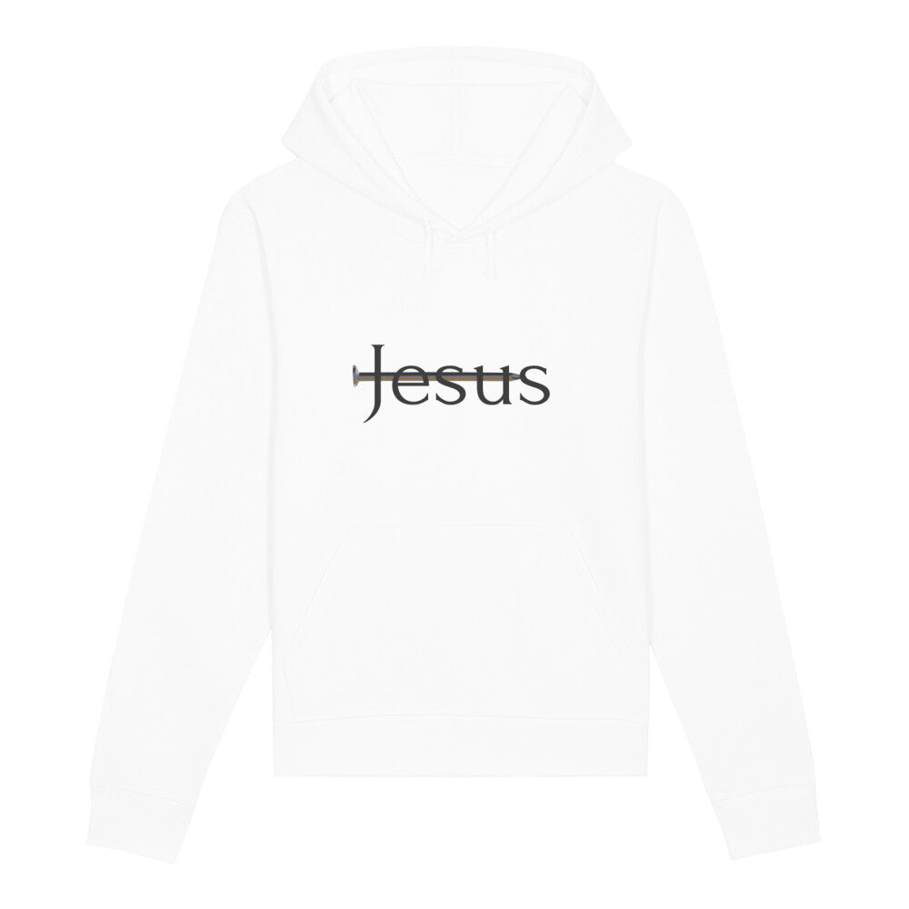 christlicher Hoodie für Frauen und Männer in weiß aus Bio-Baumwolle " Jesus " mit durchbohrendem Nagel