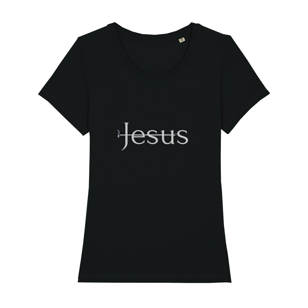 christliches T-Shirt für Frauen in schwarz aus 100 % Bio-Baumwolle "Jesus" mit durchbohrtem Nagel