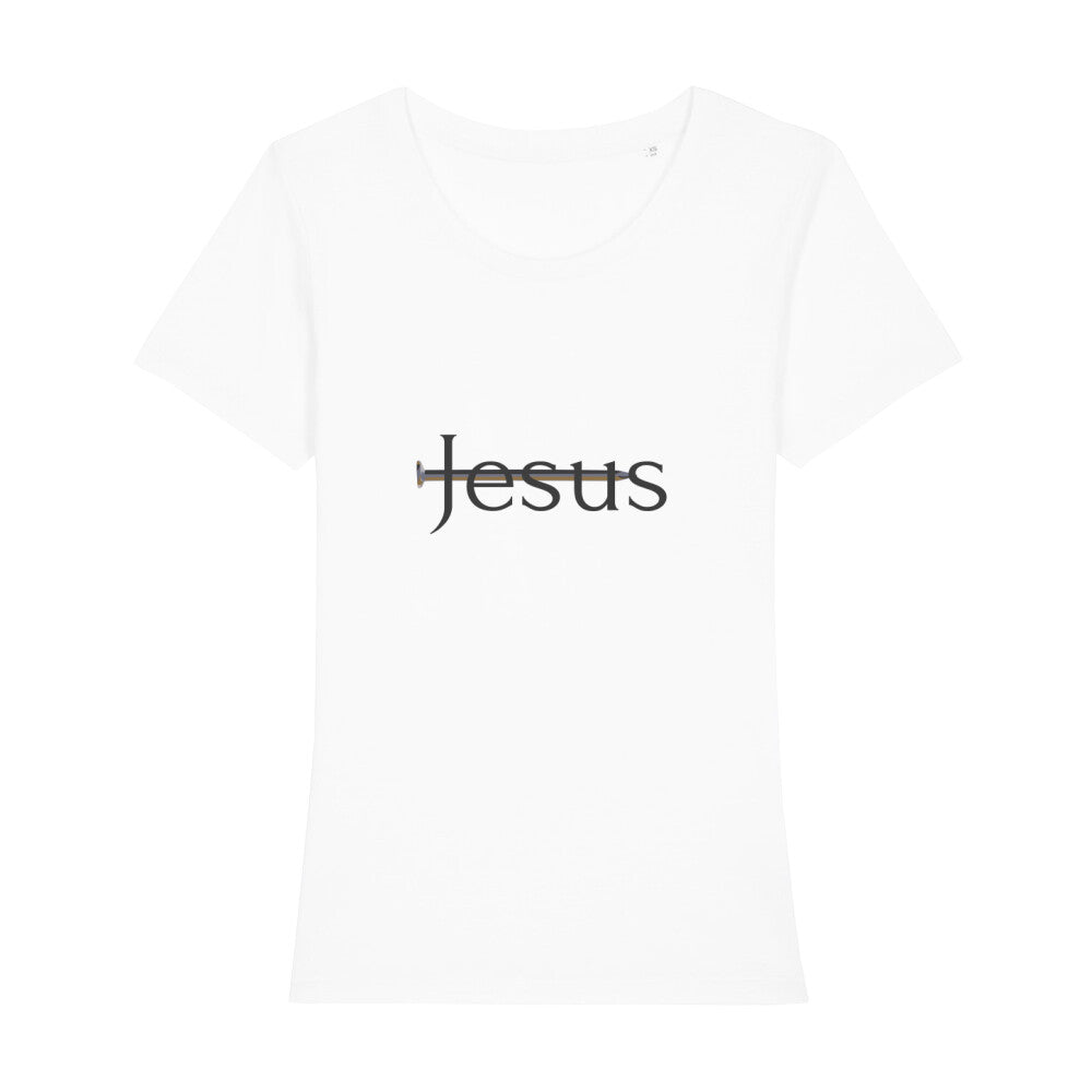 christliches T-Shirt für Frauen in weiß aus 100 % Bio-Baumwolle "Jesus" mit durchbohrtem Nagel