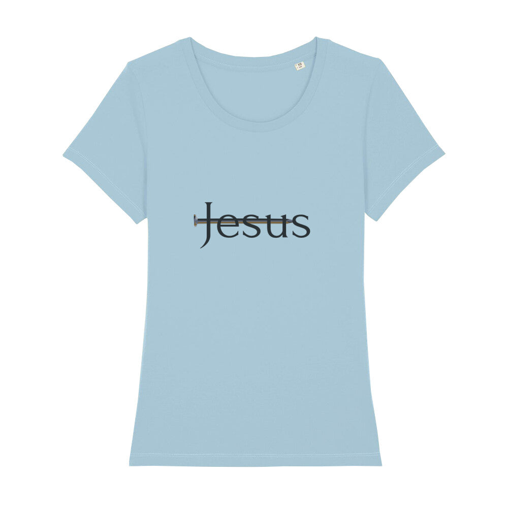 christliches T-Shirt für Frauen in hellblau aus 100 % Bio-Baumwolle "Jesus" mit durchbohrtem Nagel