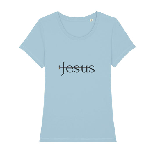 christliches T-Shirt für Frauen in hellblau aus 100 % Bio-Baumwolle "Jesus" mit durchbohrtem Nagel