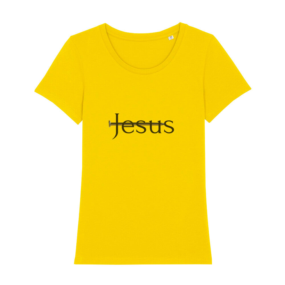 christliches T-Shirt für Frauen in gelb aus 100 % Bio-Baumwolle "Jesus" mit durchbohrtem Nagel