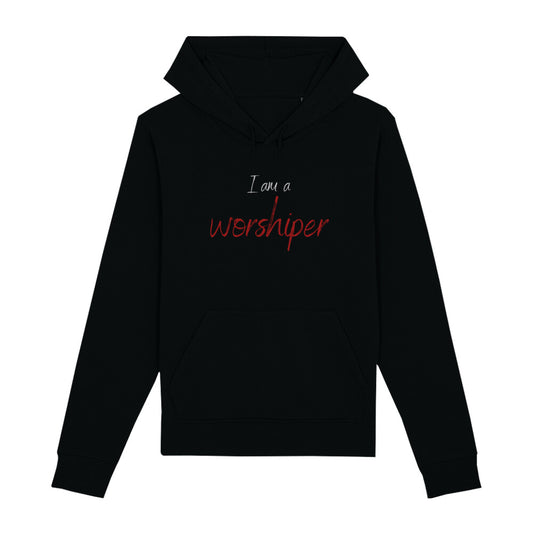 christlicher Hoodie für Frauen und Männer in schwarz aus Bio-Baumwolle " I am a worshiper " aus unserer I am... Kollektion