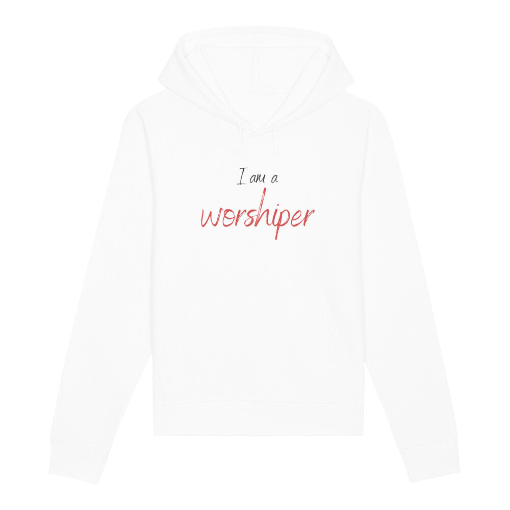 christlicher Hoodie für Frauen und Männer in weiß aus Bio-Baumwolle " I am a worshiper " aus unserer I am... Kollektion