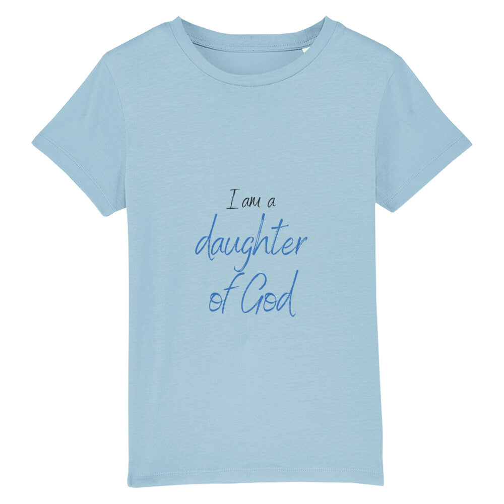 christliches T-Shirt für Kids in hellblau aus 100 % Bio-Baumwolle " I am a daughter of God " aus unserer I am... Kollektion