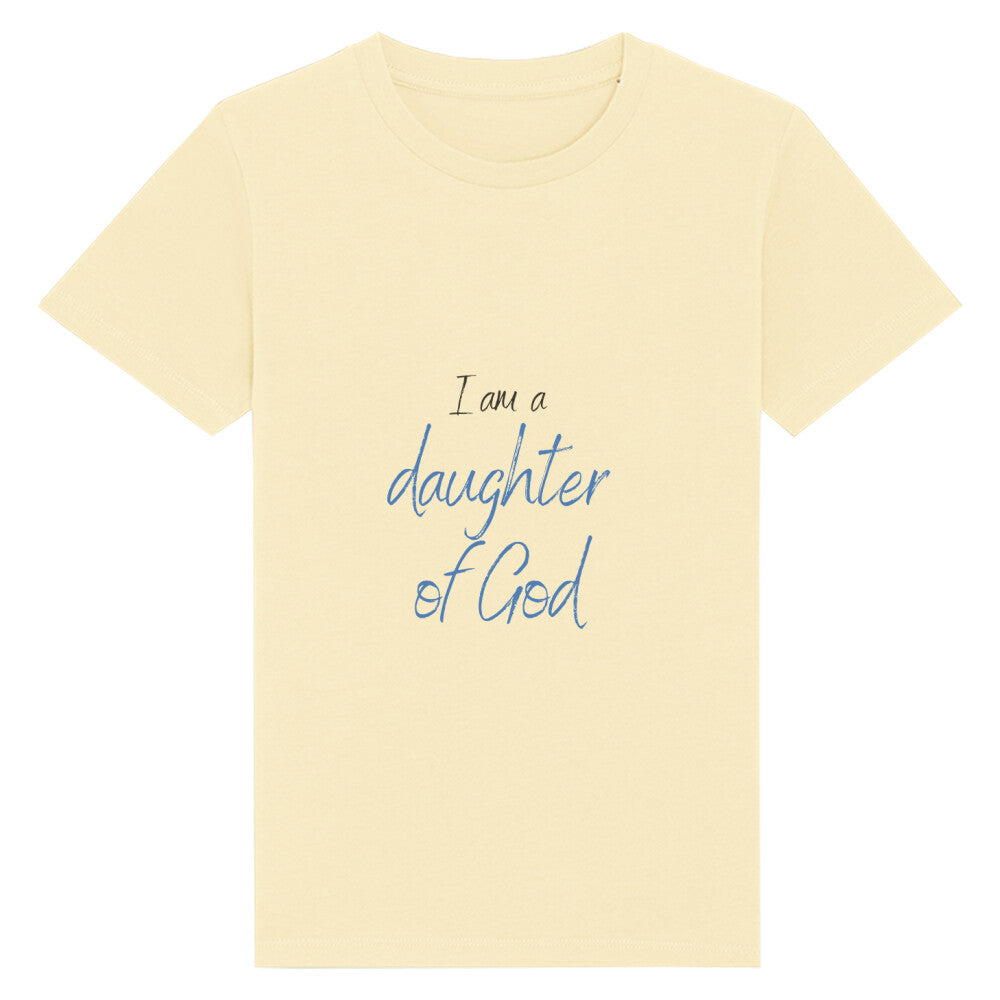 christliches T-Shirt für Kids in hellgelb aus 100 % Bio-Baumwolle " I am a daughter of God " aus unserer I am... Kollektion