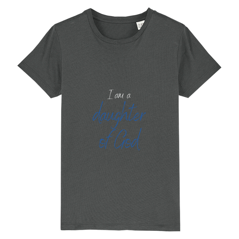 christliches T-Shirt für Kids in anthrazit aus 100 % Bio-Baumwolle " I am a daughter of God " aus unserer I am... Kollektion