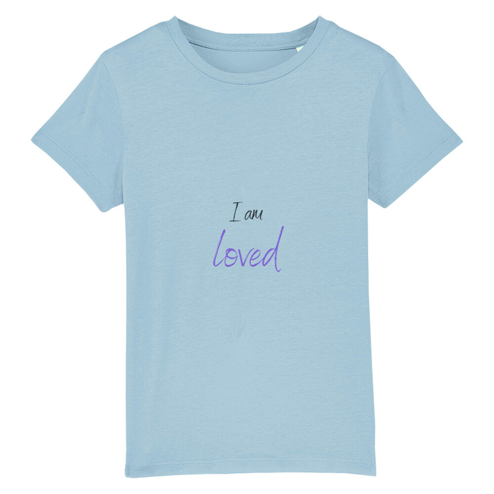 christliches T-Shirt für Kids in hellblau aus 100 % Bio-Baumwolle " I am a loved " aus unserer I am... Kollektion