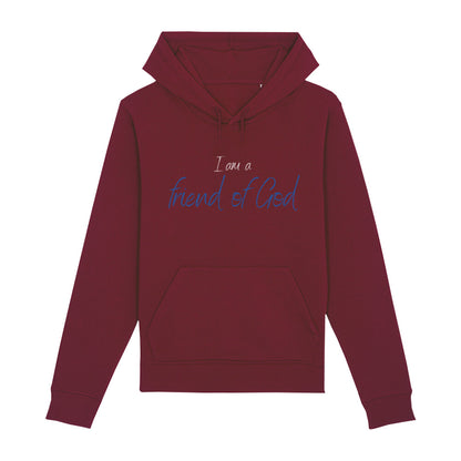 christlicher Hoodie für Frauen und Männer in dunkelrot aus Bio-Baumwolle " I am a friend of God " aus unserer I am... Kollektion