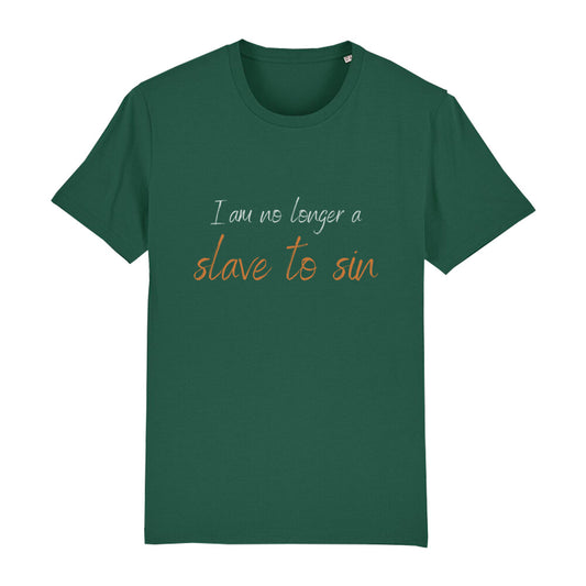 christliches T-Shirt für Männer in grün aus 100 % Bio-Baumwolle "I am no longer a slave to sin" aus unserer I am... Kollektion