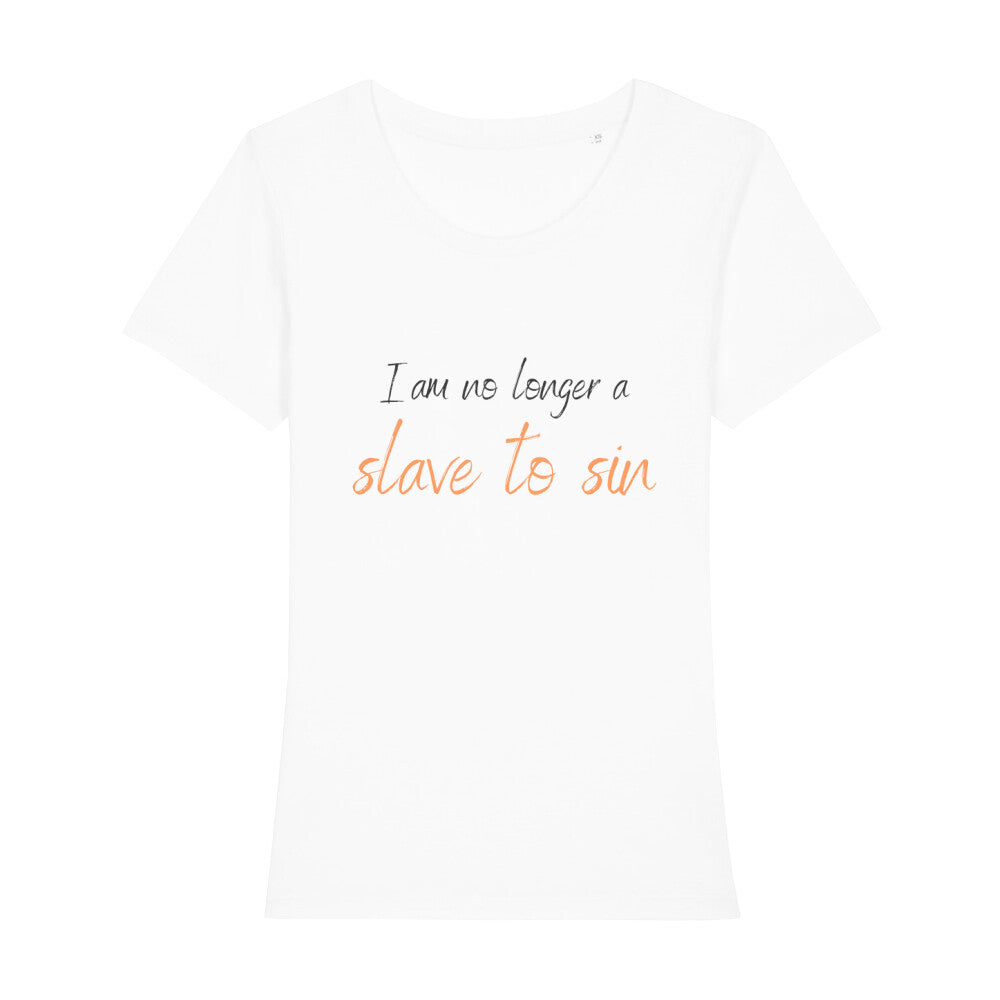 christliches T-Shirt für Frauen in weiß aus 100 % Bio-Baumwolle "I am no longer a slave to sin" aus unserer I am... Kollektion