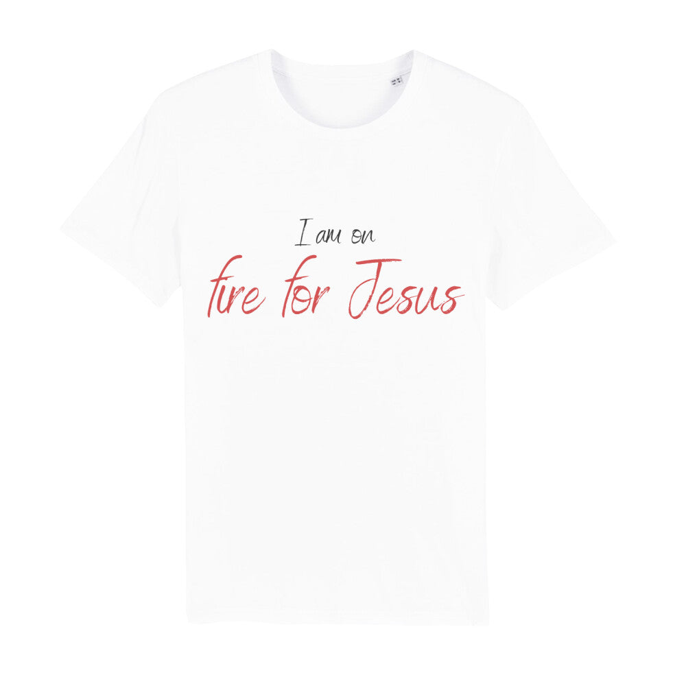 christliches T-Shirt für Männer in weiß aus 100 % Bio-Baumwolle "I am on fire for Jesus" aus unserer I am... Kollektion