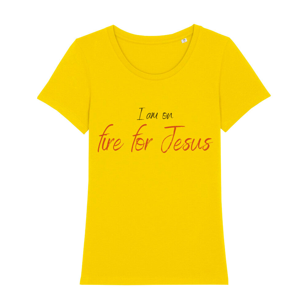 christliches T-Shirt für Frauen in gelb aus 100 % Bio-Baumwolle "I am on fire for Jesus" aus unserer I am... Kollektion