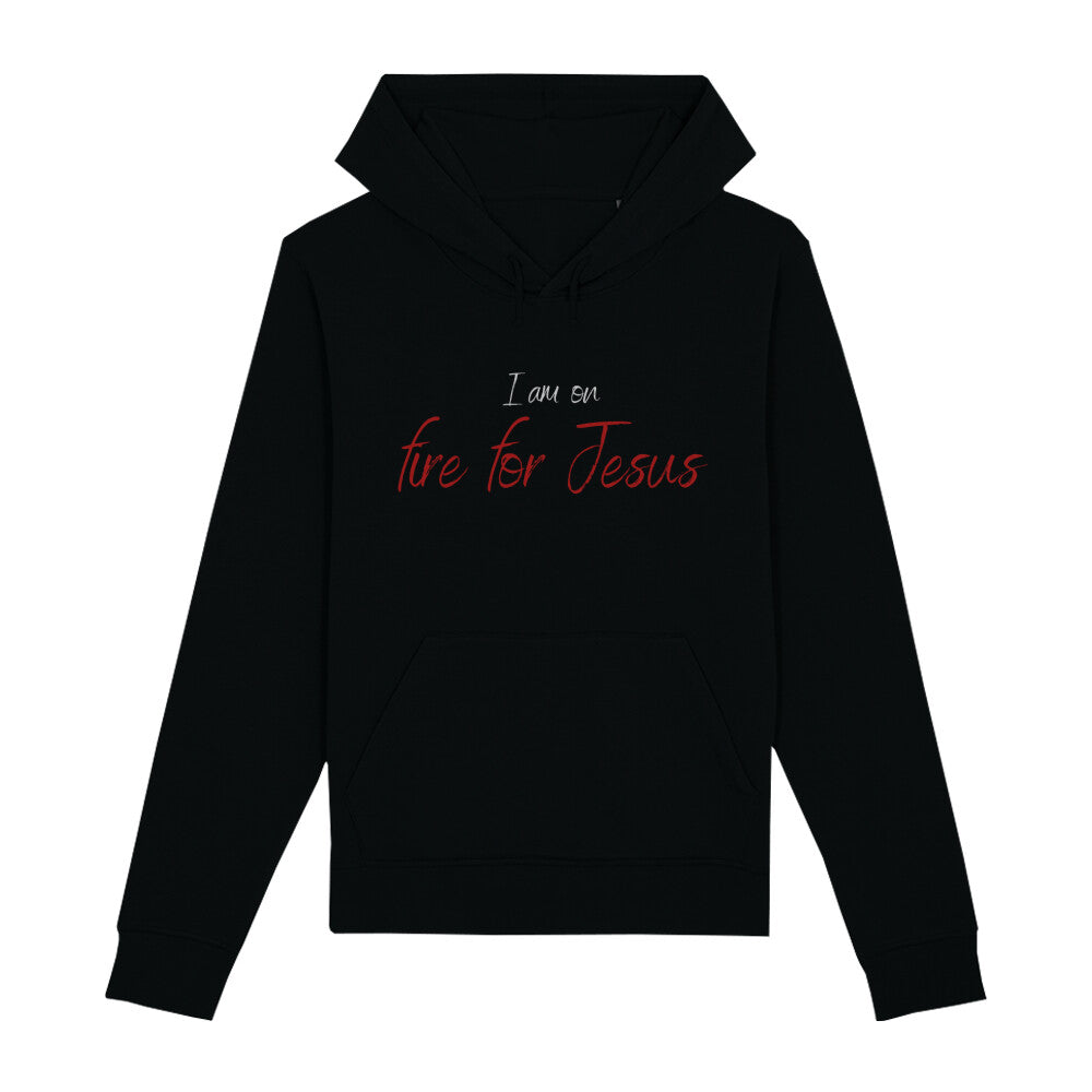 christlicher Hoodie für Frauen und Männer in schwarz aus Bio-Baumwolle " I am on fire for Jesus " aus unserer I am... Kollektion