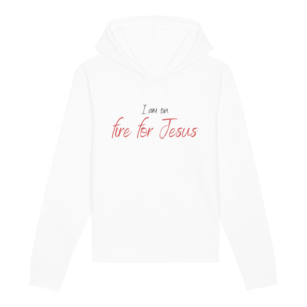 christlicher Hoodie für Frauen und Männer in weiß aus Bio-Baumwolle " I am on fire for Jesus " aus unserer I am... Kollektion