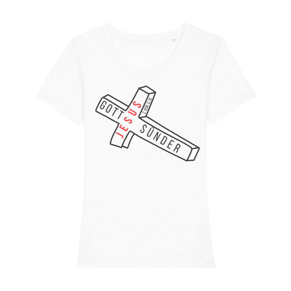 christliches T-Shirt für Frauen in weiß aus 100 % Bio-Baumwolle "Gott Jesus Sünder" 2. Kor. 5,19