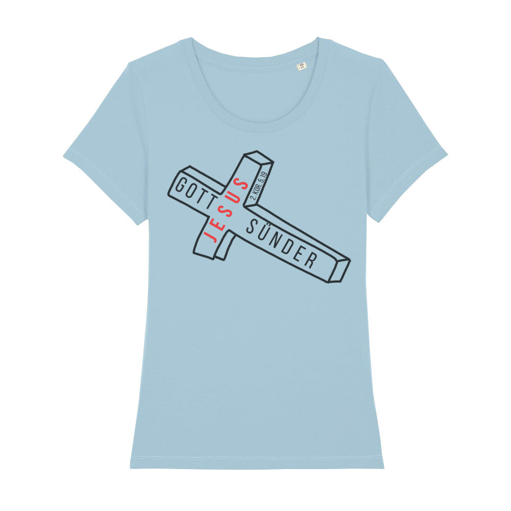 christliches T-Shirt für Frauen in hellblau aus 100 % Bio-Baumwolle "Gott Jesus Sünder" 2. Kor. 5,19