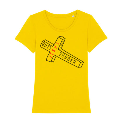 christliches T-Shirt für Frauen in gelb aus 100 % Bio-Baumwolle "Gott Jesus Sünder" 2. Kor. 5,19