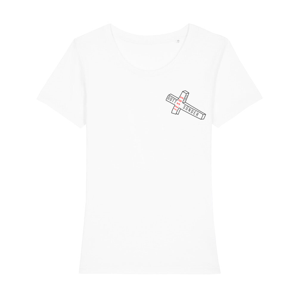 christliches T-Shirt für Frauen in weiß aus 100 % Bio-Baumwolle "Gott Jesus Sünder" 2. Kor. 5,19 minimalistischer Druck