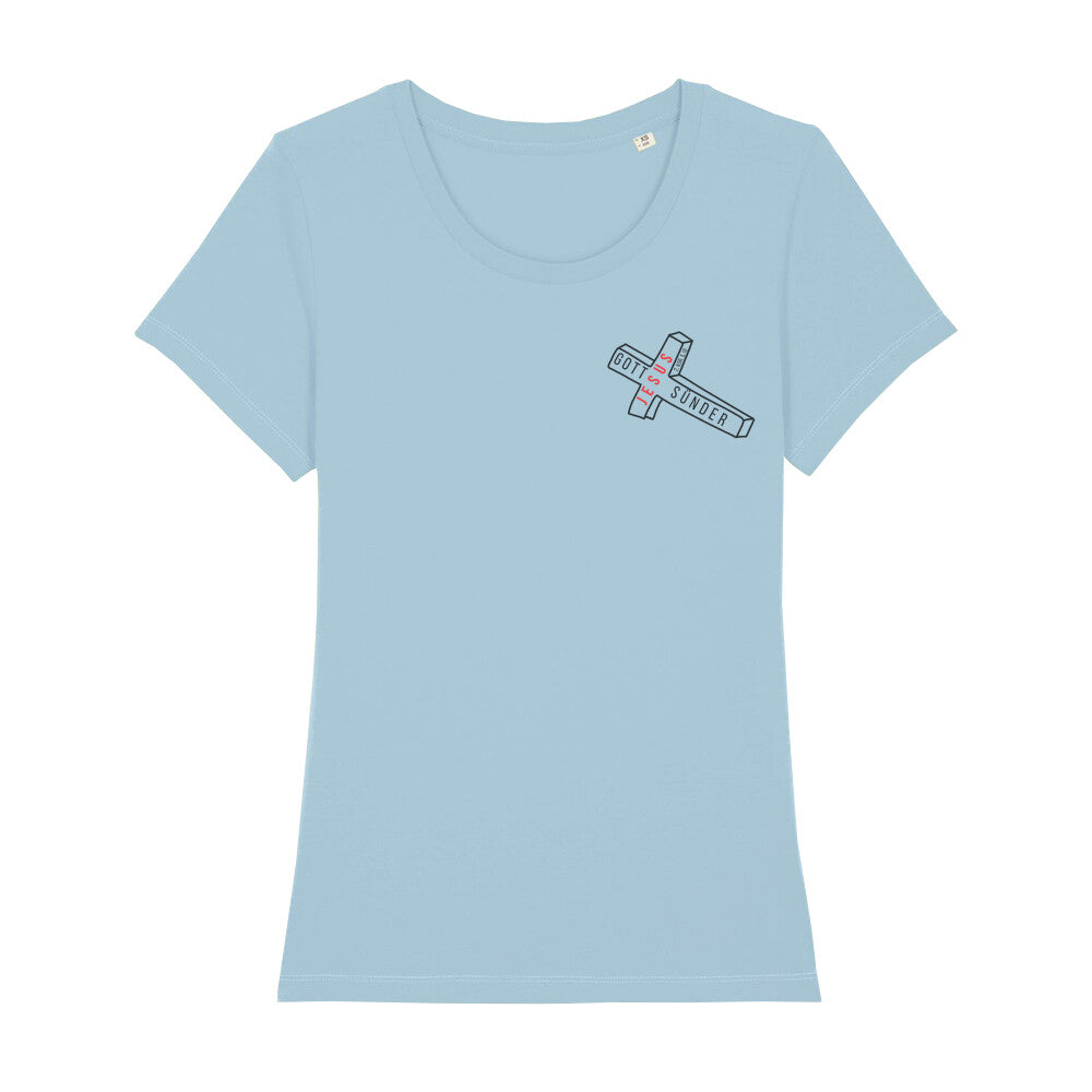 christliches T-Shirt für Frauen in hellblau aus 100 % Bio-Baumwolle "Gott Jesus Sünder" 2. Kor. 5,19 minimalistischer Druck