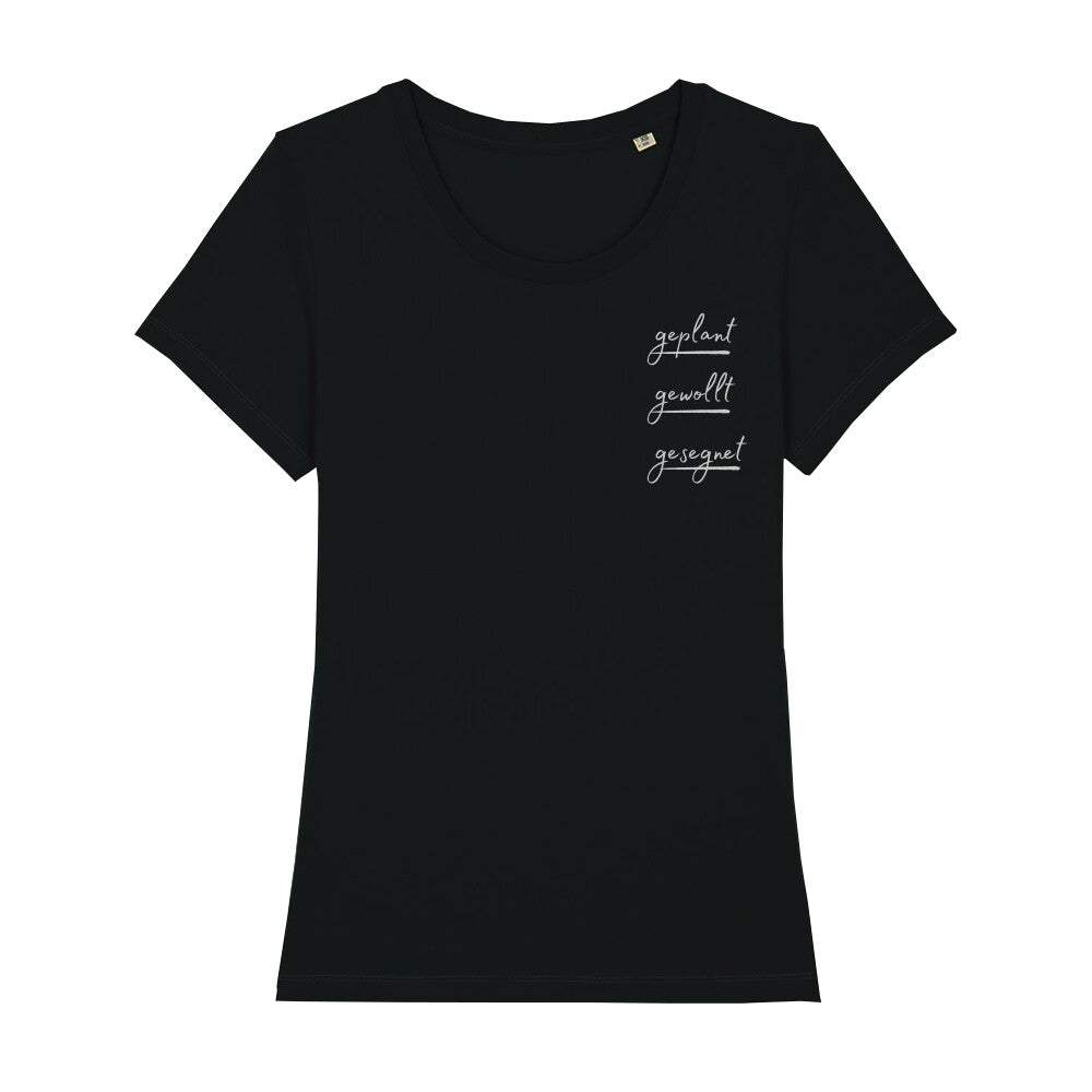 christliches T-Shirt für Frauen in schwarz aus 100 % Bio-Baumwolle "geplant gewollt gesegnet" minimalistischer Druck