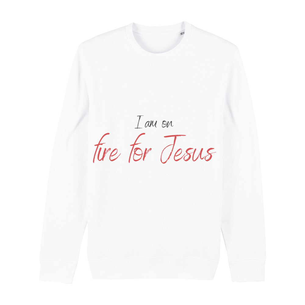 christliches Sweatshirt für Frauen und Männer in weiß aus Bio-Baumwolle "I am on fire for Jesus" aus unserer I am... Kollektion