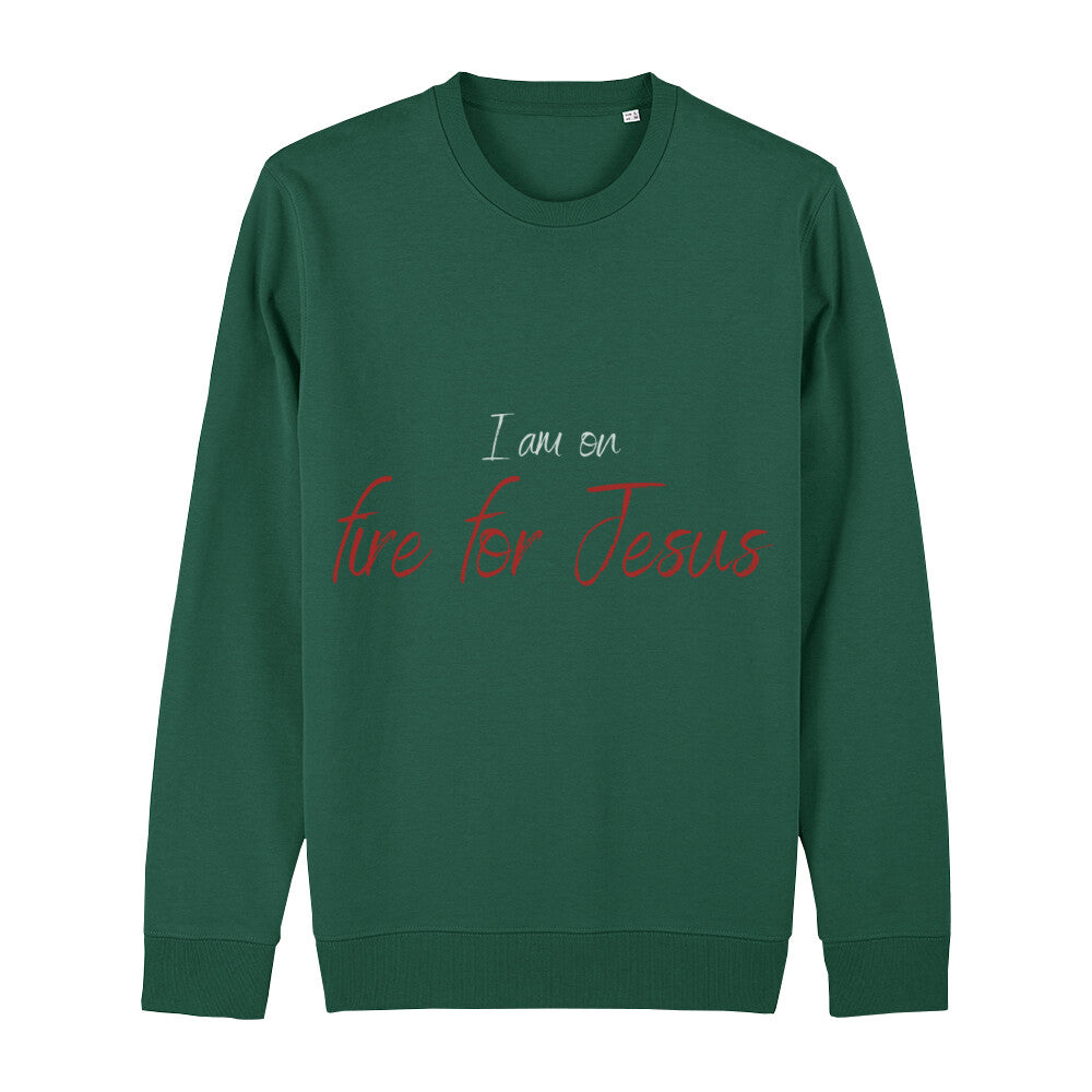 christliches Sweatshirt für Frauen und Männer in grün aus Bio-Baumwolle "I am on fire for Jesus" aus unserer I am... Kollektion