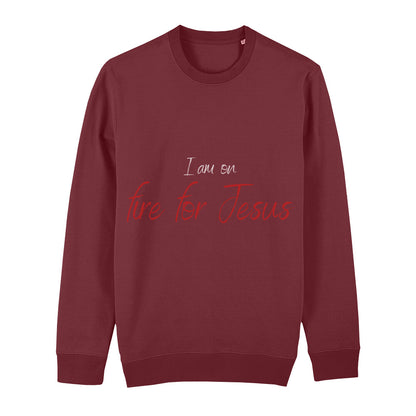 christliches Sweatshirt für Frauen und Männer in dunkelrot aus Bio-Baumwolle "I am on fire for Jesus" aus unserer I am... Kollektion