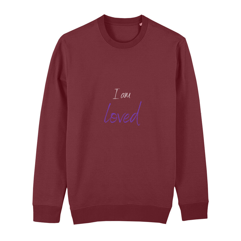 christliches Sweatshirt für Frauen und Männer in dunkelrot aus Bio-Baumwolle "I am loved" aus unserer I am... Kollektion