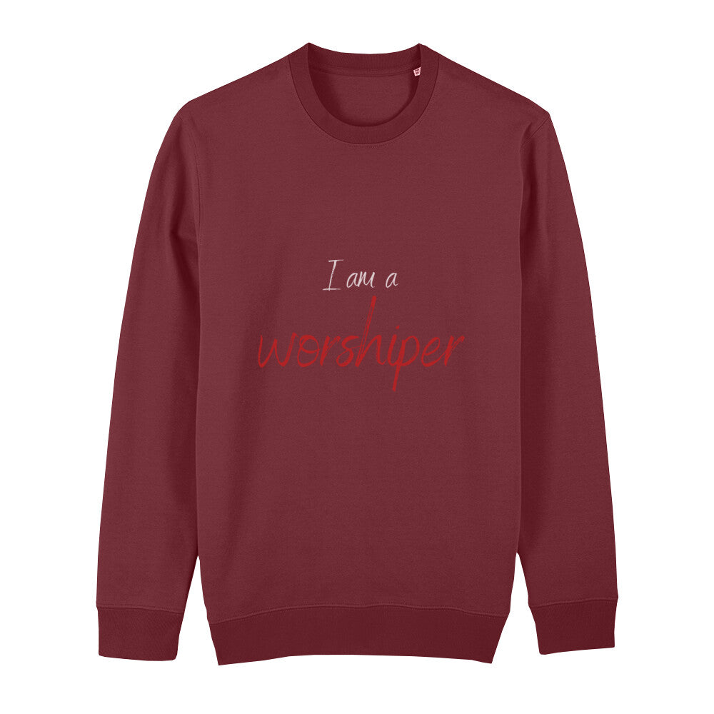 christliches Sweatshirt für Frauen und Männer in dunkelrot aus Bio-Baumwolle "I am a worshiper" aus unserer I am... Kollektion