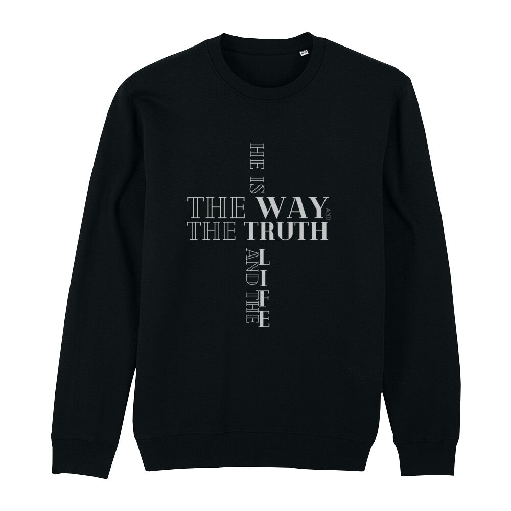 christliches Sweatshirt für Frauen und Männer in schwarz aus Bio-Baumwolle "he is the way and the truth and the life" aus unserer he... Kollektion