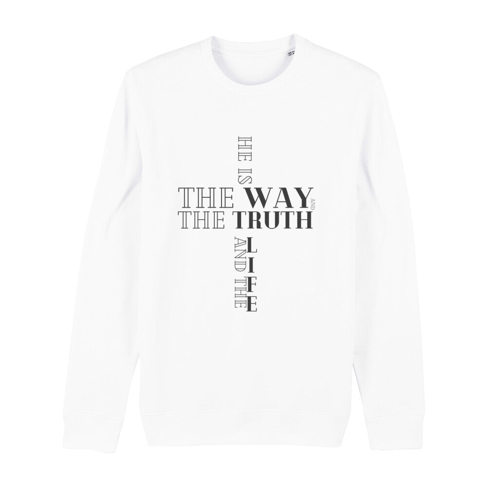 christliches Sweatshirt für Frauen und Männer in weiß aus Bio-Baumwolle "he is the way and the truth and the life" aus unserer he... Kollektion