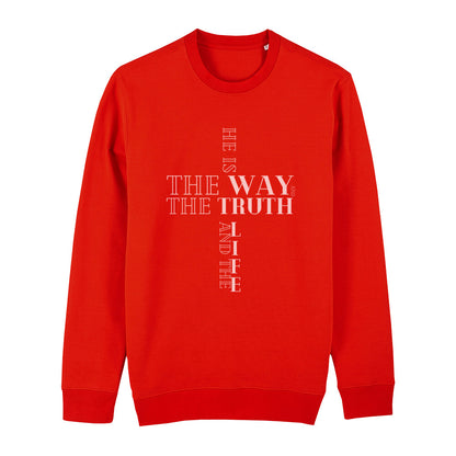 christliches Sweatshirt für Frauen und Männer in rot aus Bio-Baumwolle "he is the way and the truth and the life" aus unserer he... Kollektion