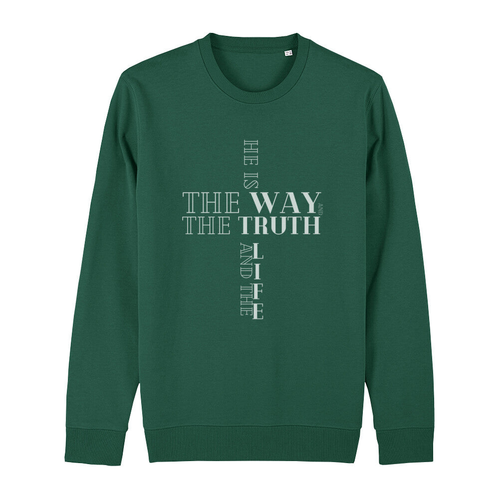 christliches Sweatshirt für Frauen und Männer in grün aus Bio-Baumwolle "he is the way and the truth and the life" aus unserer he... Kollektion