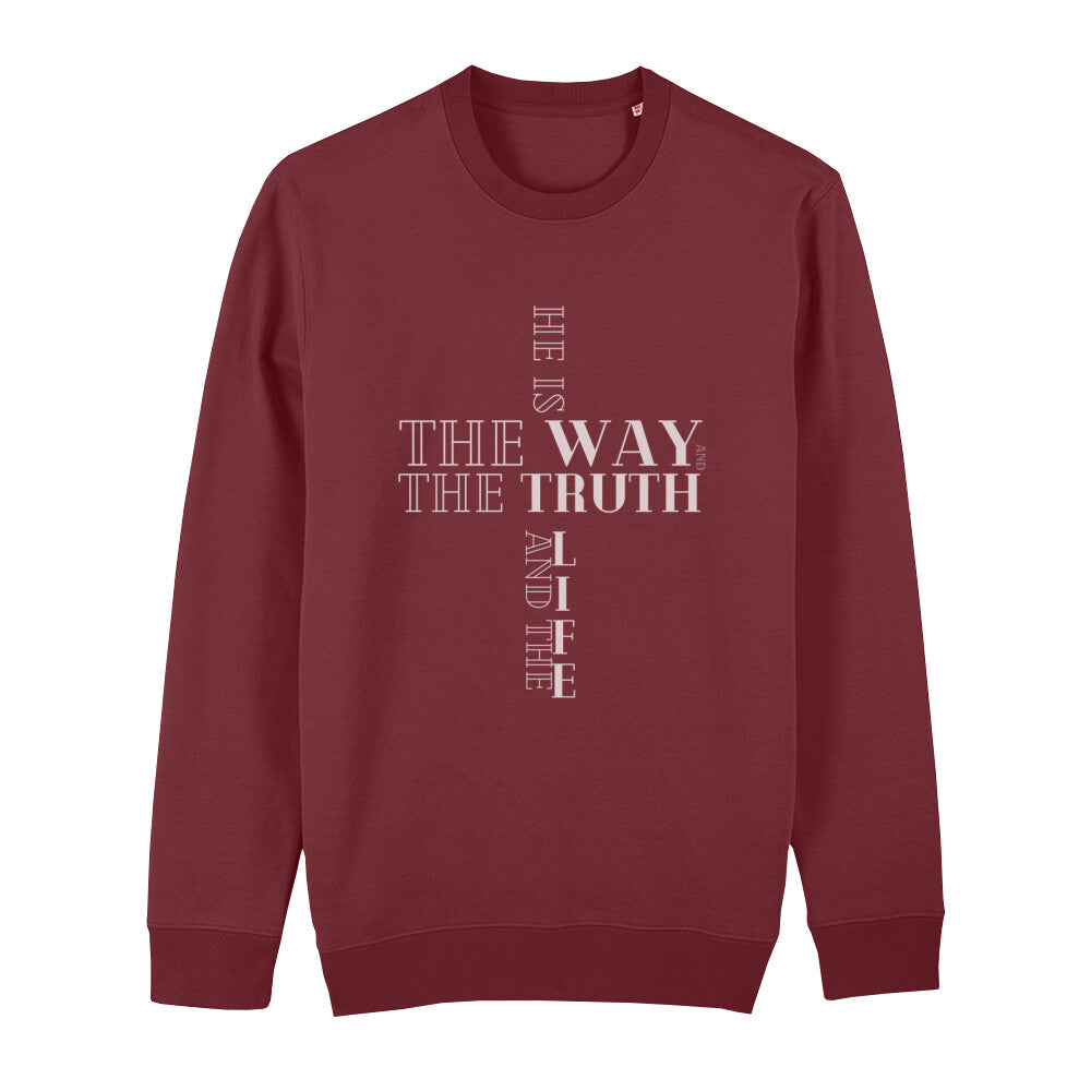 christliches Sweatshirt für Frauen und Männer in dunkelrot aus Bio-Baumwolle "he is the way and the truth and the life" aus unserer he... Kollektion