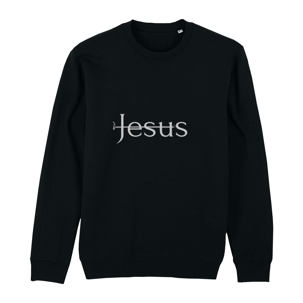 christliches Sweatshirt für Frauen und Männer in schwarz aus Bio-Baumwolle "Jesus" mit durchbohrendem Nagel